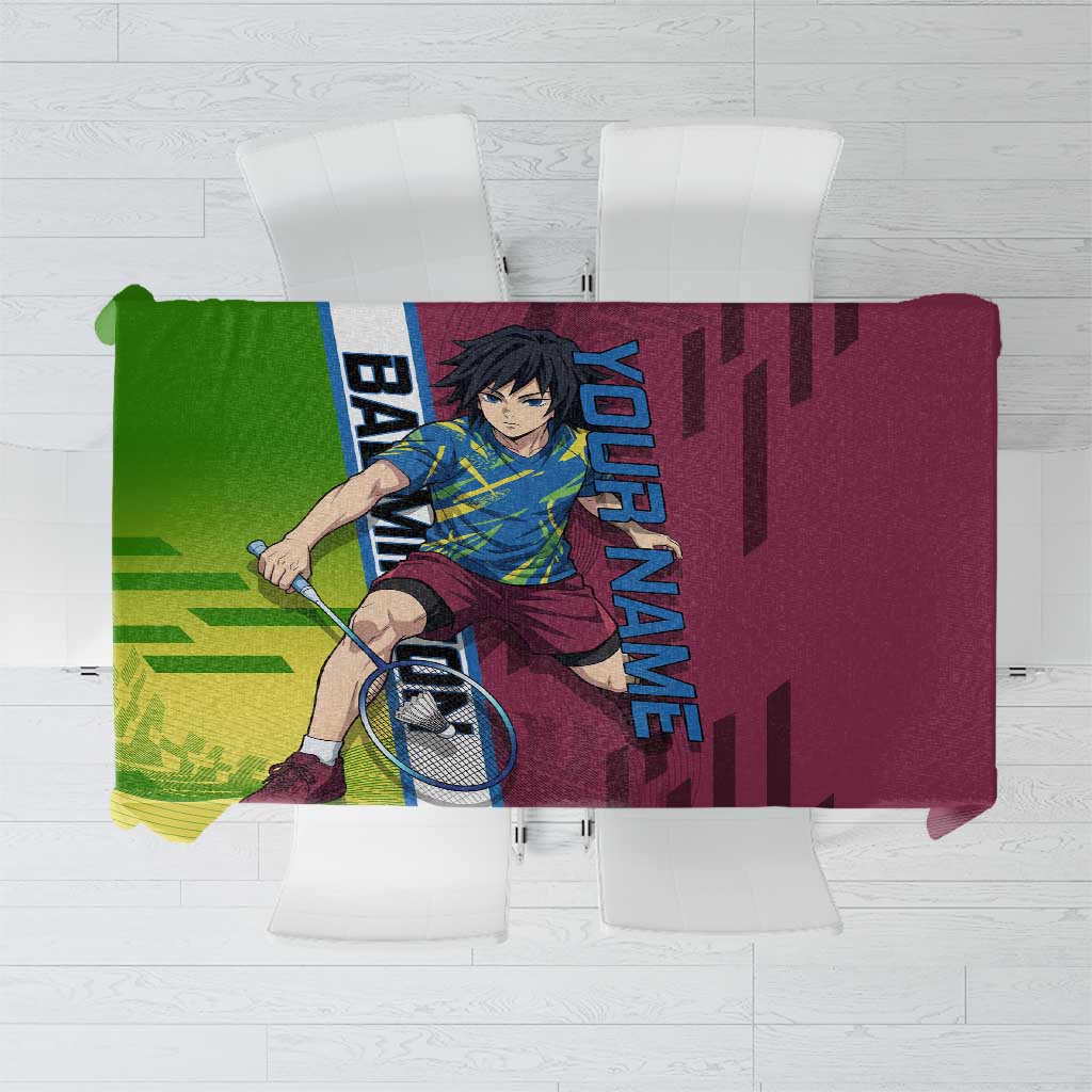 Personalized Giyuu Tomioka Demon Slayer Badminton Theme Tablecloth with Racket Action Pose and Tricolor Graphic Design - The Mazicc