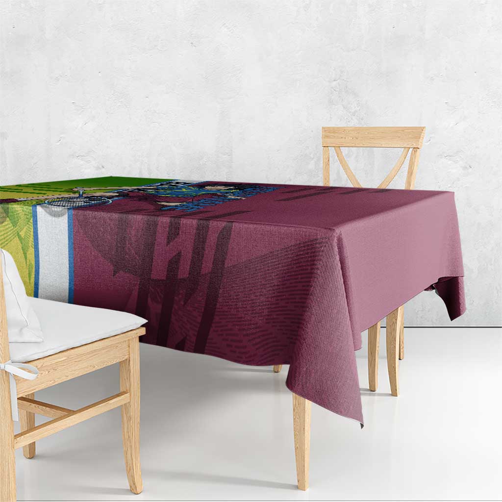 Personalized Giyuu Tomioka Demon Slayer Badminton Theme Tablecloth with Racket Action Pose and Tricolor Graphic Design - The Mazicc
