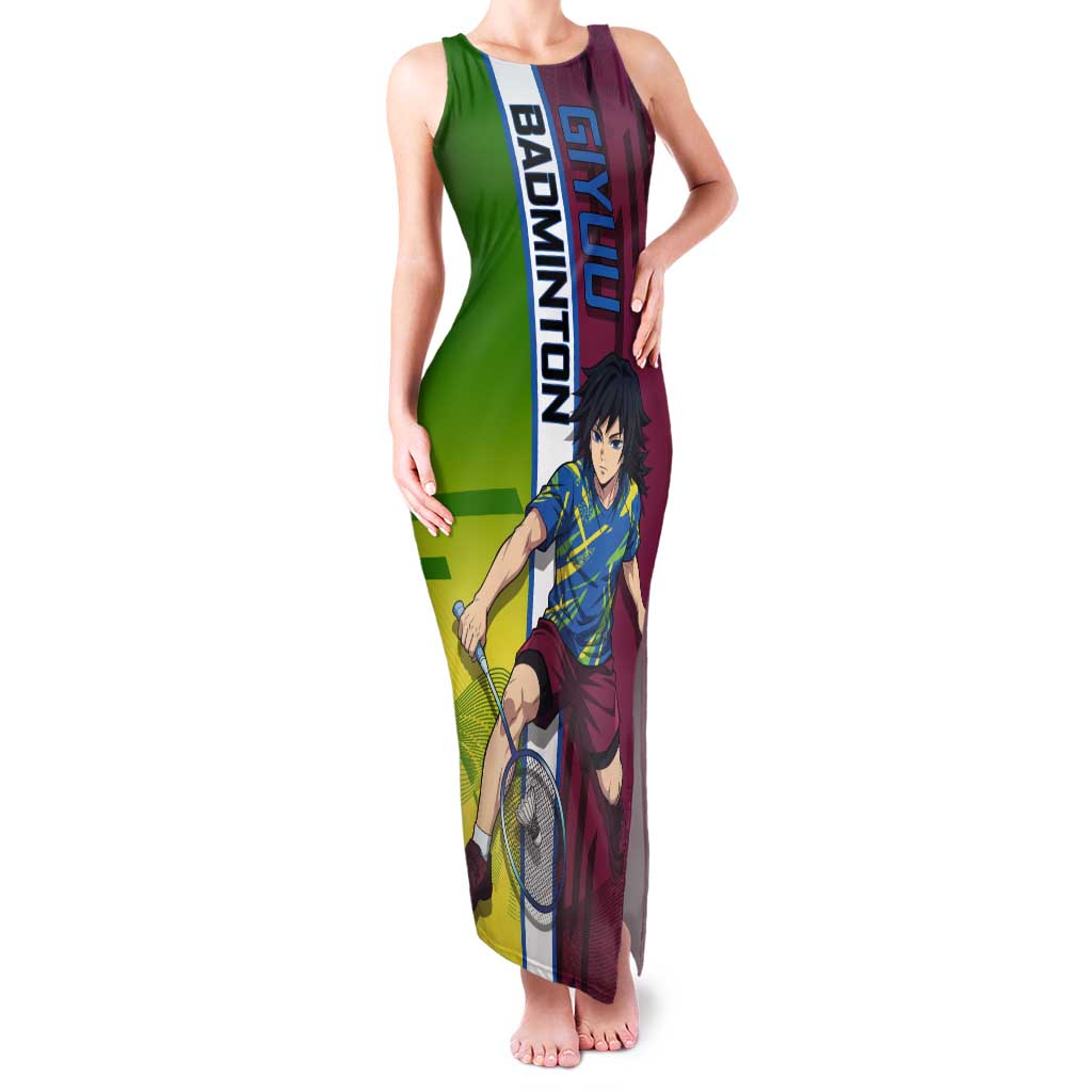 Personalized Giyuu Tomioka Demon Slayer Badminton Theme Tank Maxi Dress with Racket Action Pose and Tricolor Graphic Design - The Mazicc