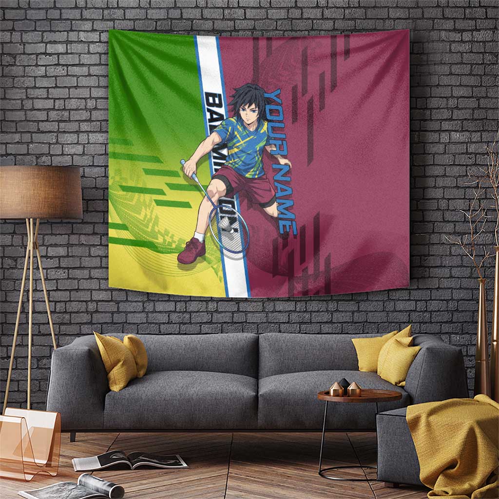 Personalized Giyuu Tomioka Demon Slayer Badminton Theme Tapestry with Racket Action Pose and Tricolor Graphic Design - The Mazicc