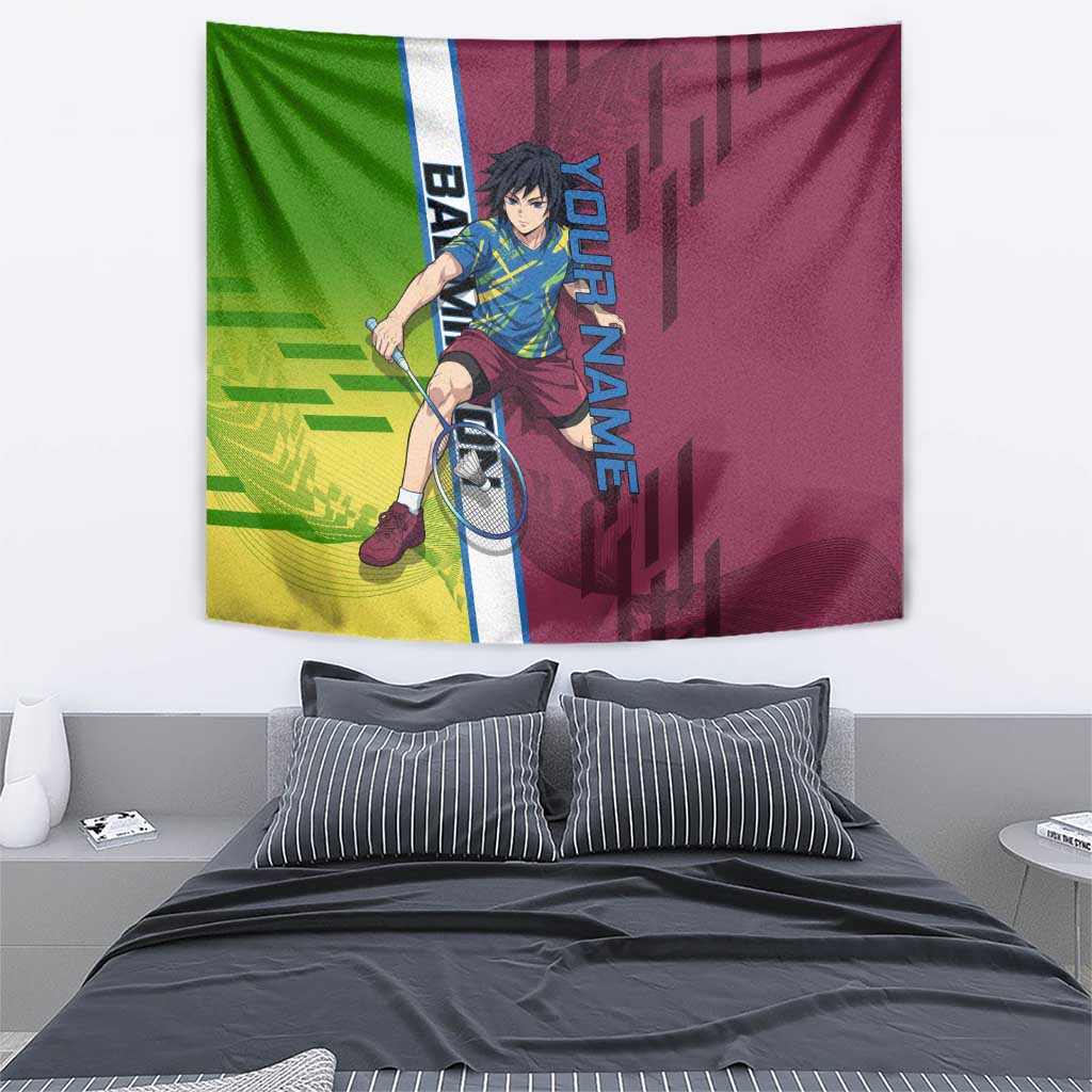 Personalized Giyuu Tomioka Demon Slayer Badminton Theme Tapestry with Racket Action Pose and Tricolor Graphic Design - The Mazicc