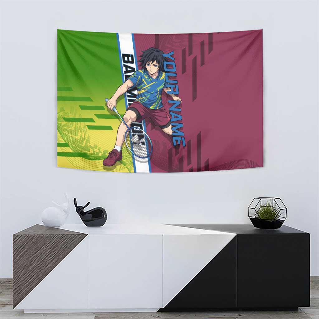 Personalized Giyuu Tomioka Demon Slayer Badminton Theme Tapestry with Racket Action Pose and Tricolor Graphic Design - The Mazicc