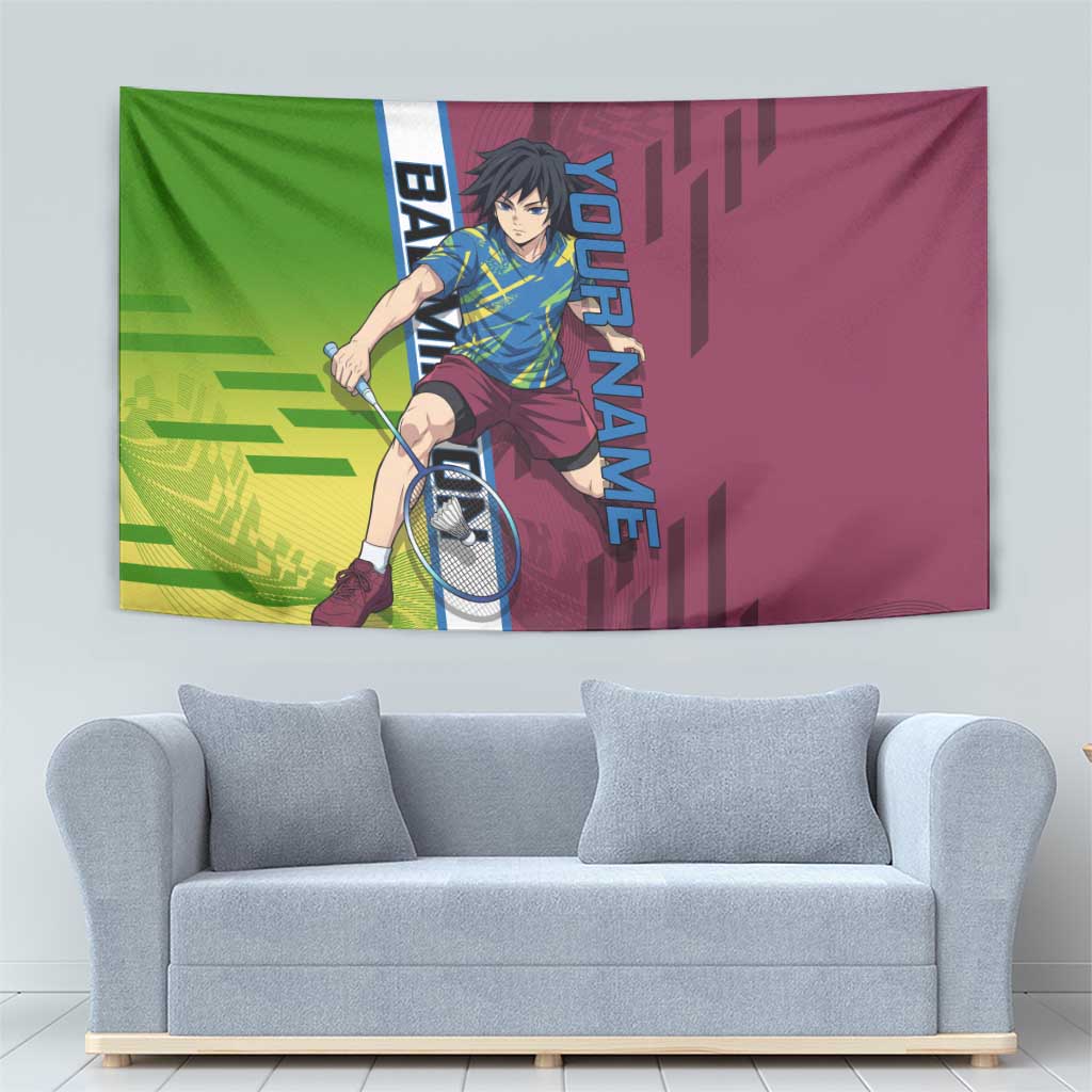 Personalized Giyuu Tomioka Demon Slayer Badminton Theme Tapestry with Racket Action Pose and Tricolor Graphic Design - The Mazicc