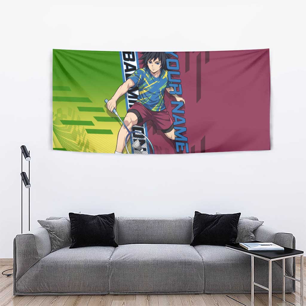 Personalized Giyuu Tomioka Demon Slayer Badminton Theme Tapestry with Racket Action Pose and Tricolor Graphic Design - The Mazicc