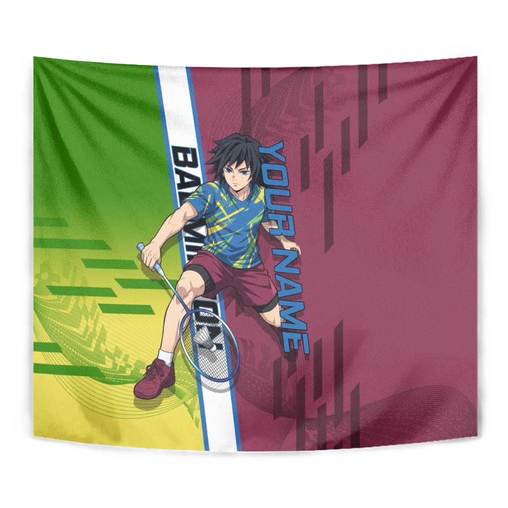 Personalized Giyuu Tomioka Demon Slayer Badminton Theme Tapestry with Racket Action Pose and Tricolor Graphic Design - The Mazicc