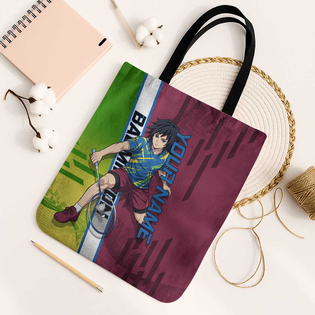 Personalized Giyuu Tomioka Demon Slayer Badminton Theme Tote Bag with Racket Action Pose and Tricolor Graphic Design - The Mazicc