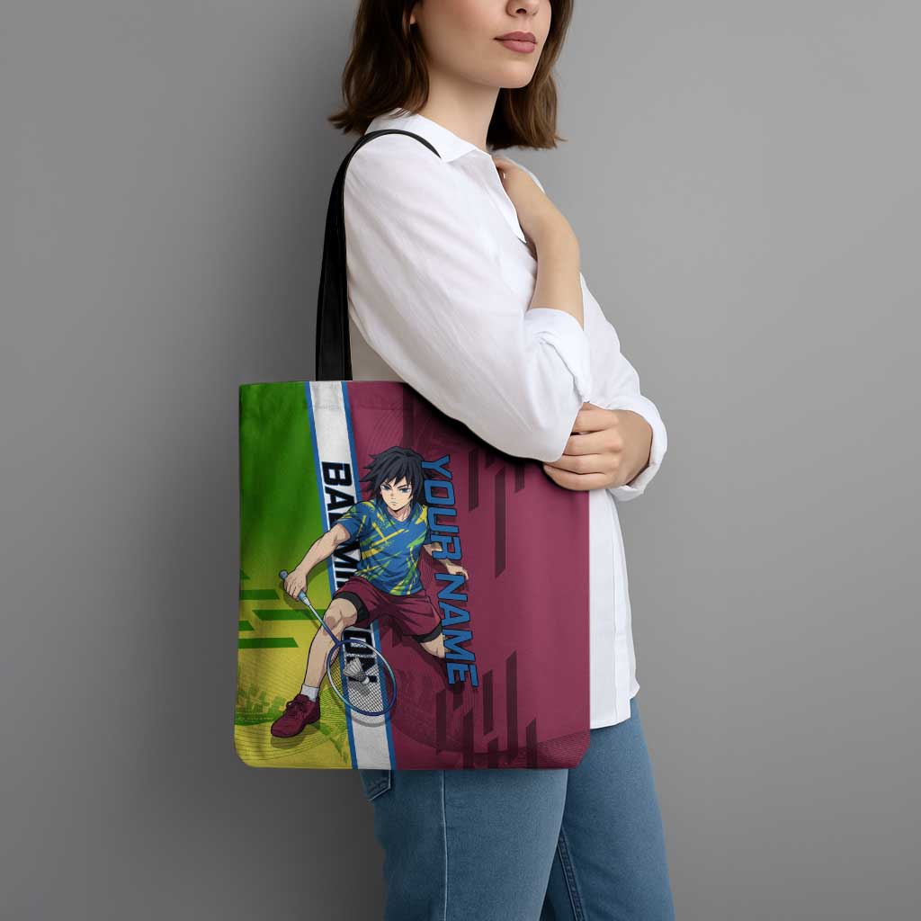 Personalized Giyuu Tomioka Demon Slayer Badminton Theme Tote Bag with Racket Action Pose and Tricolor Graphic Design - The Mazicc