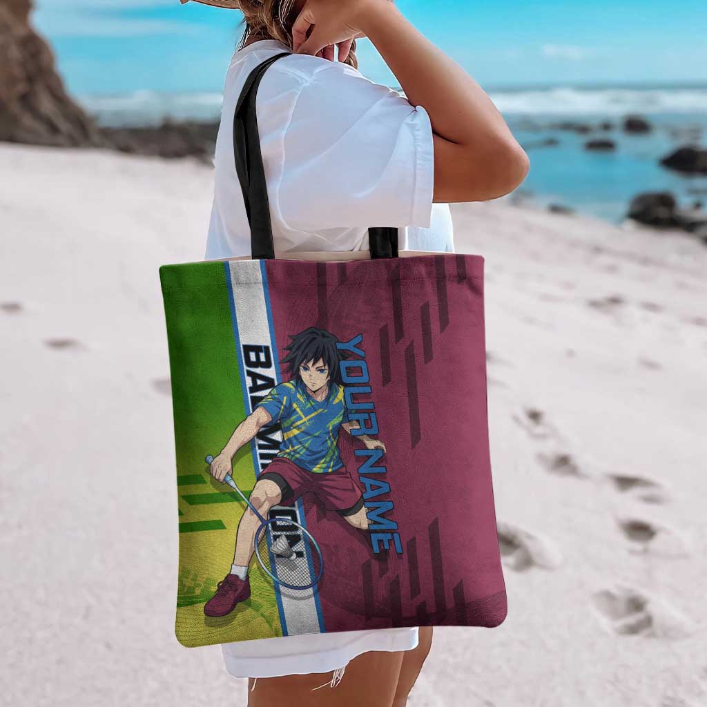 Personalized Giyuu Tomioka Demon Slayer Badminton Theme Tote Bag with Racket Action Pose and Tricolor Graphic Design - The Mazicc