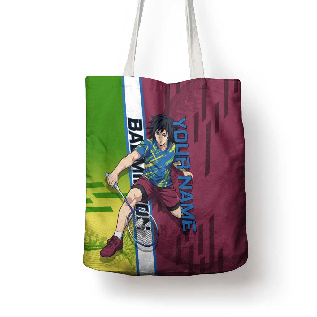 Personalized Giyuu Tomioka Demon Slayer Badminton Theme Tote Bag with Racket Action Pose and Tricolor Graphic Design - The Mazicc
