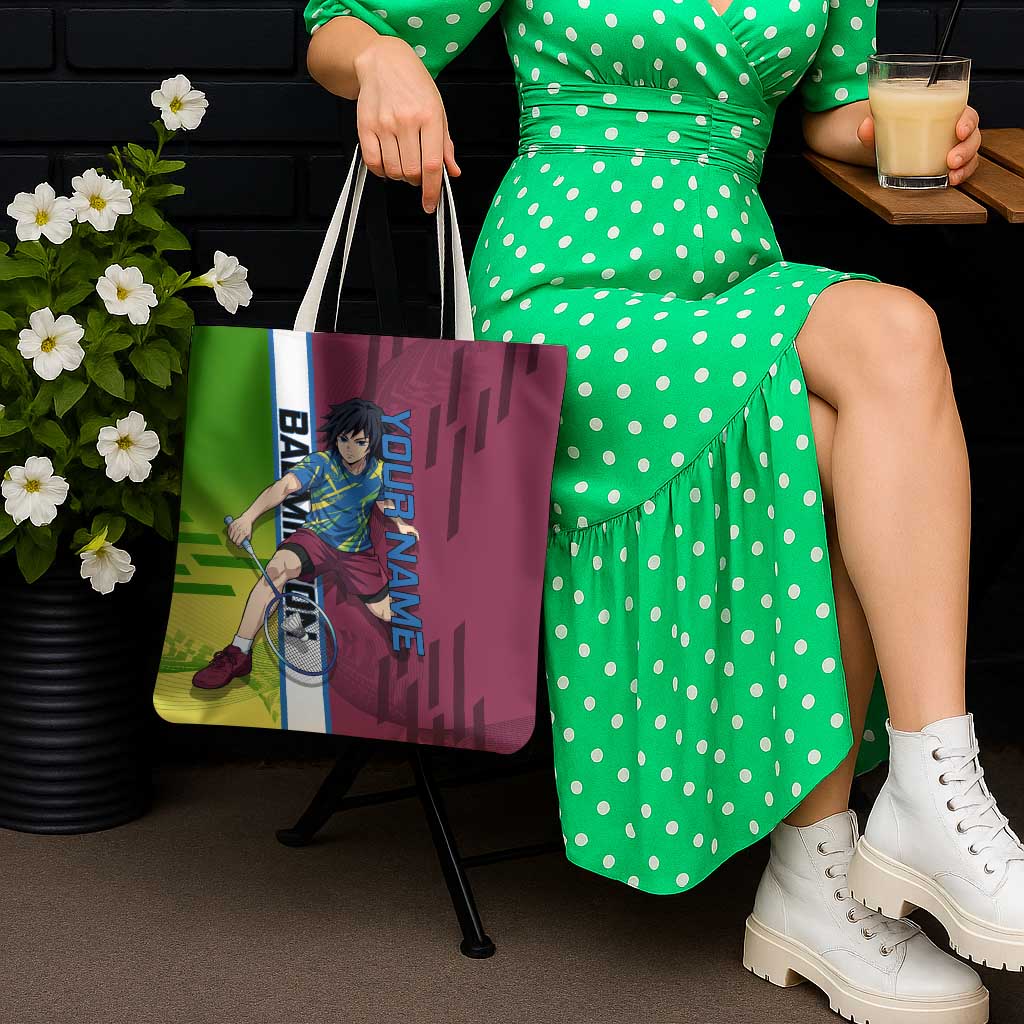 Personalized Giyuu Tomioka Demon Slayer Badminton Theme Tote Bag with Racket Action Pose and Tricolor Graphic Design - The Mazicc