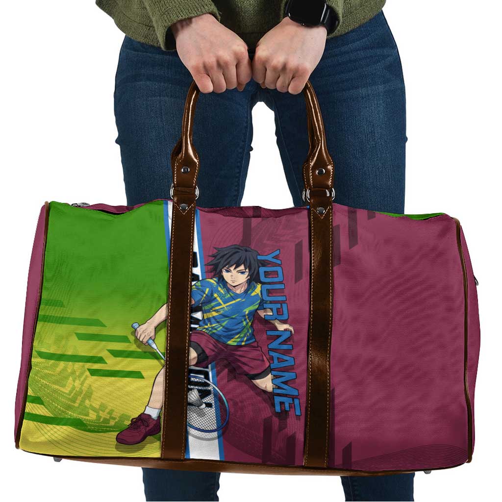 Personalized Giyuu Tomioka Demon Slayer Badminton Theme Travel Bag with Racket Action Pose and Tricolor Graphic Design - The Mazicc