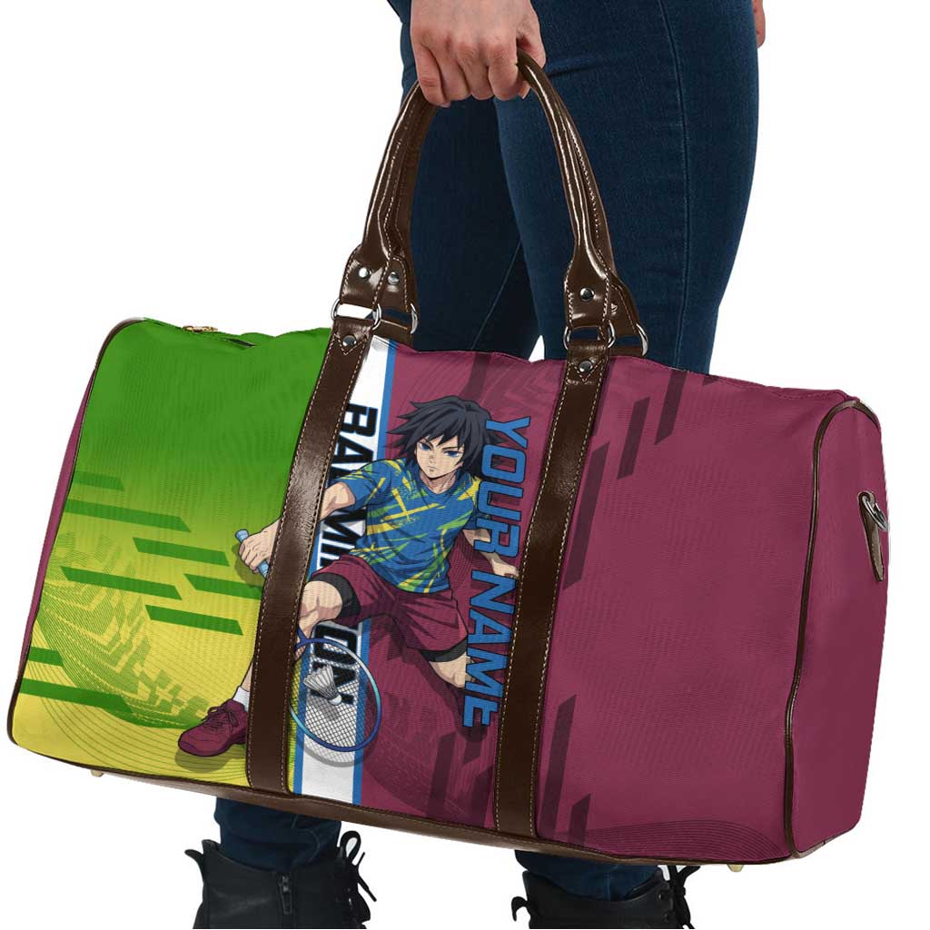 Personalized Giyuu Tomioka Demon Slayer Badminton Theme Travel Bag with Racket Action Pose and Tricolor Graphic Design - The Mazicc