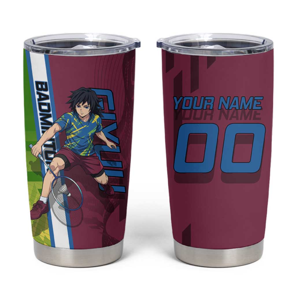 Personalized Giyuu Tomioka Demon Slayer Badminton Theme Tumbler Cup with Racket Action Pose and Tricolor Graphic Design - The Mazicc