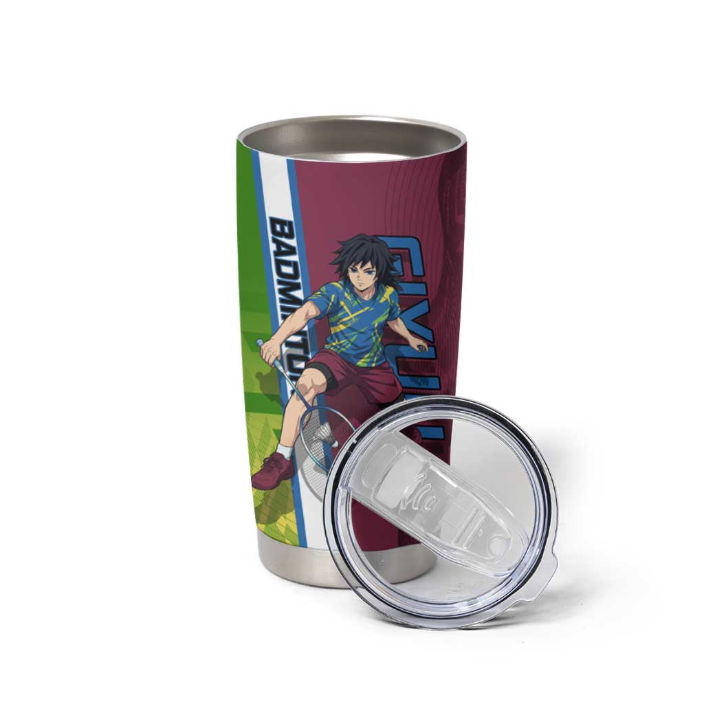 Personalized Giyuu Tomioka Demon Slayer Badminton Theme Tumbler Cup with Racket Action Pose and Tricolor Graphic Design - The Mazicc