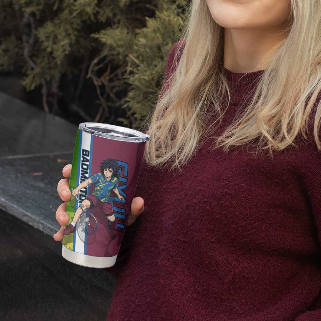 Personalized Giyuu Tomioka Demon Slayer Badminton Theme Tumbler Cup with Racket Action Pose and Tricolor Graphic Design - The Mazicc