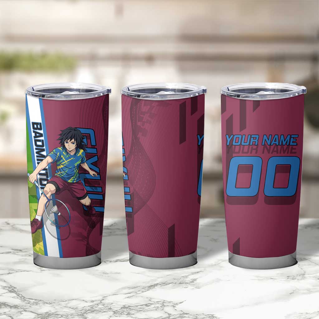 Personalized Giyuu Tomioka Demon Slayer Badminton Theme Tumbler Cup with Racket Action Pose and Tricolor Graphic Design - The Mazicc