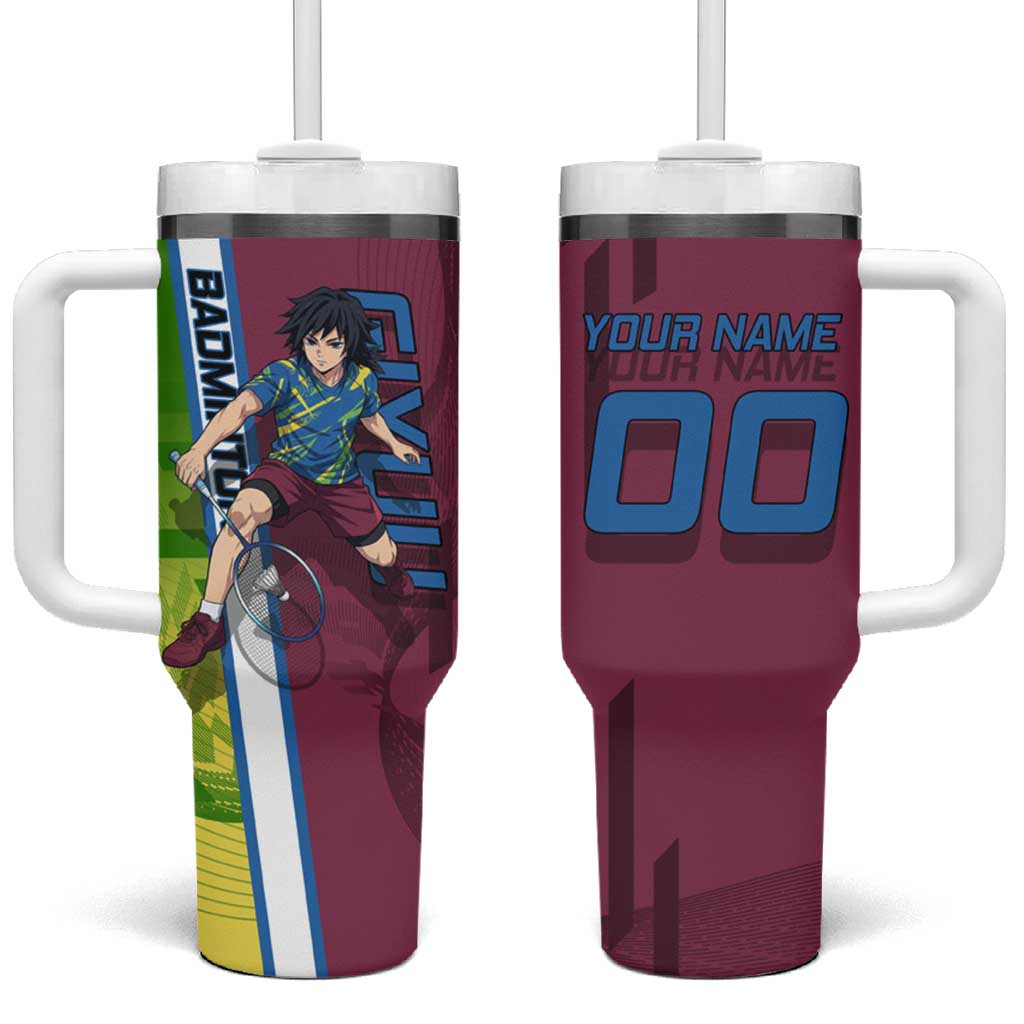 Personalized Giyuu Tomioka Demon Slayer Badminton Theme Tumbler With Handle with Racket Action Pose and Tricolor Graphic Design - The Mazicc