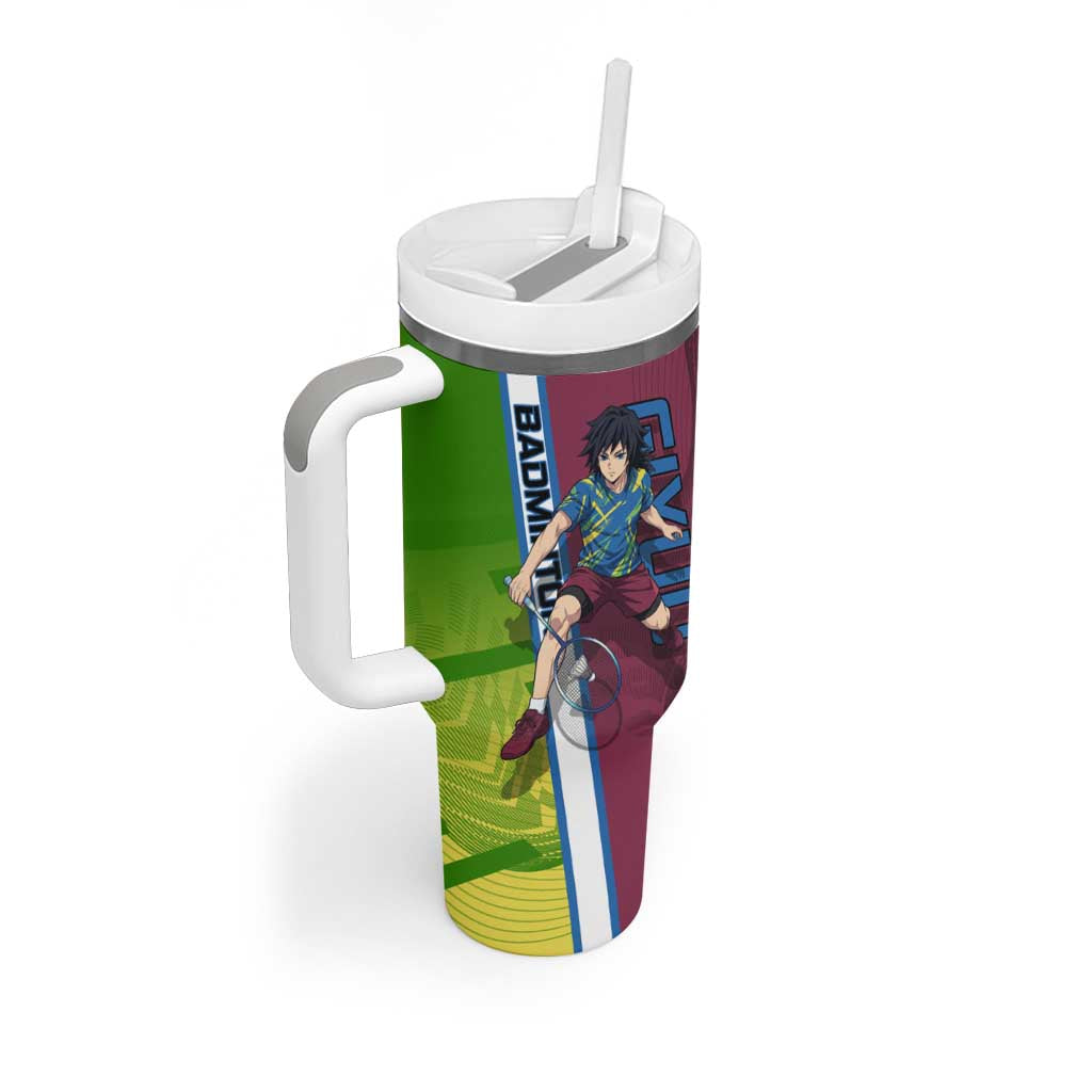 Personalized Giyuu Tomioka Demon Slayer Badminton Theme Tumbler With Handle with Racket Action Pose and Tricolor Graphic Design - The Mazicc