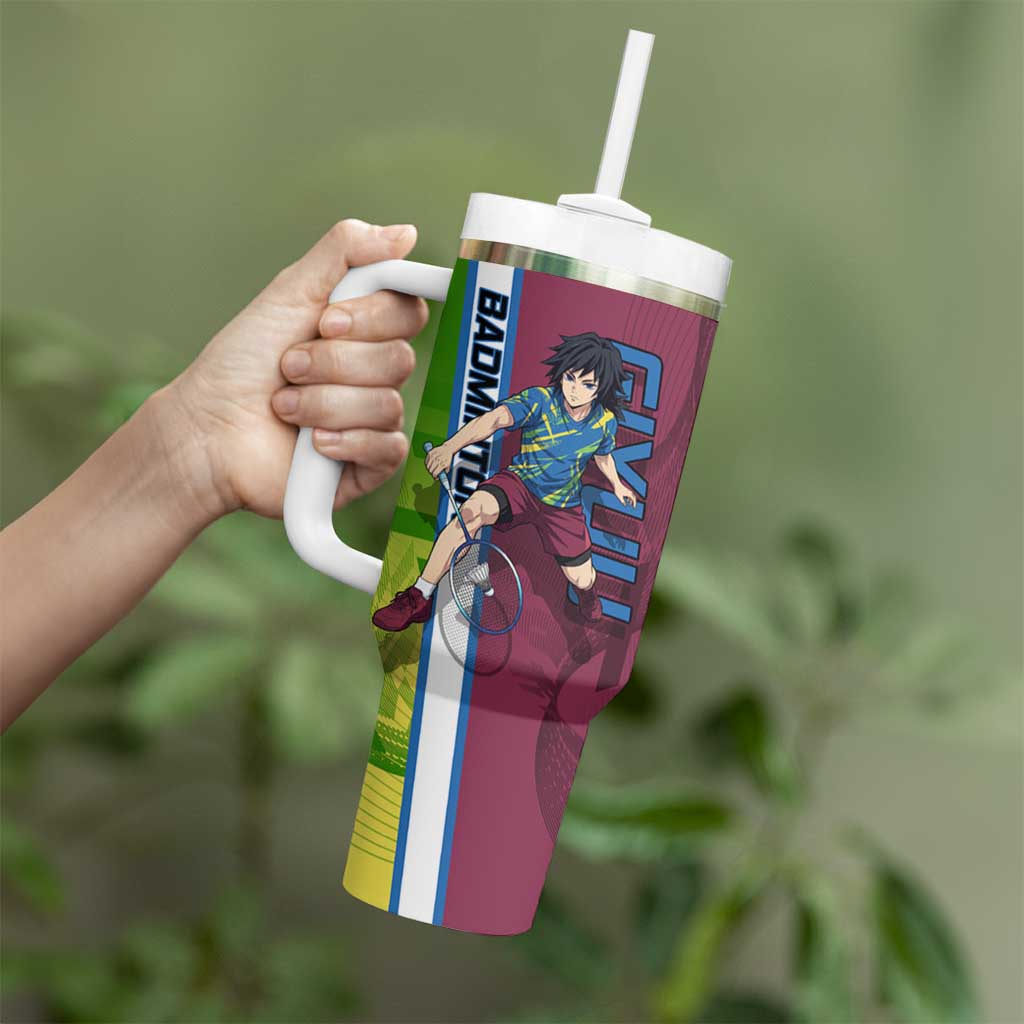 Personalized Giyuu Tomioka Demon Slayer Badminton Theme Tumbler With Handle with Racket Action Pose and Tricolor Graphic Design - The Mazicc