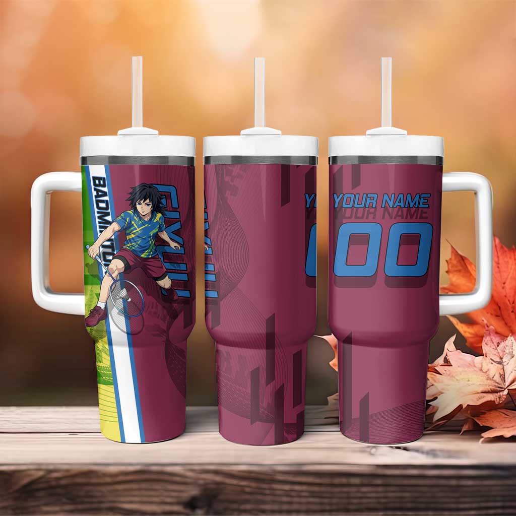 Personalized Giyuu Tomioka Demon Slayer Badminton Theme Tumbler With Handle with Racket Action Pose and Tricolor Graphic Design - The Mazicc