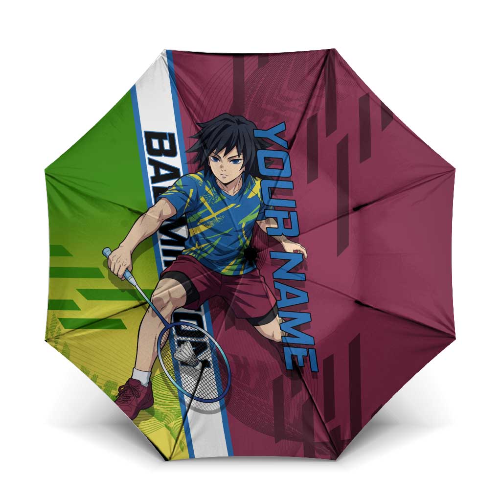 Personalized Giyuu Tomioka Demon Slayer Badminton Theme Umbrella with Racket Action Pose and Tricolor Graphic Design - The Mazicc