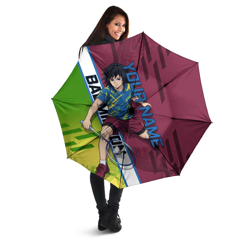 Personalized Giyuu Tomioka Demon Slayer Badminton Theme Umbrella with Racket Action Pose and Tricolor Graphic Design - The Mazicc
