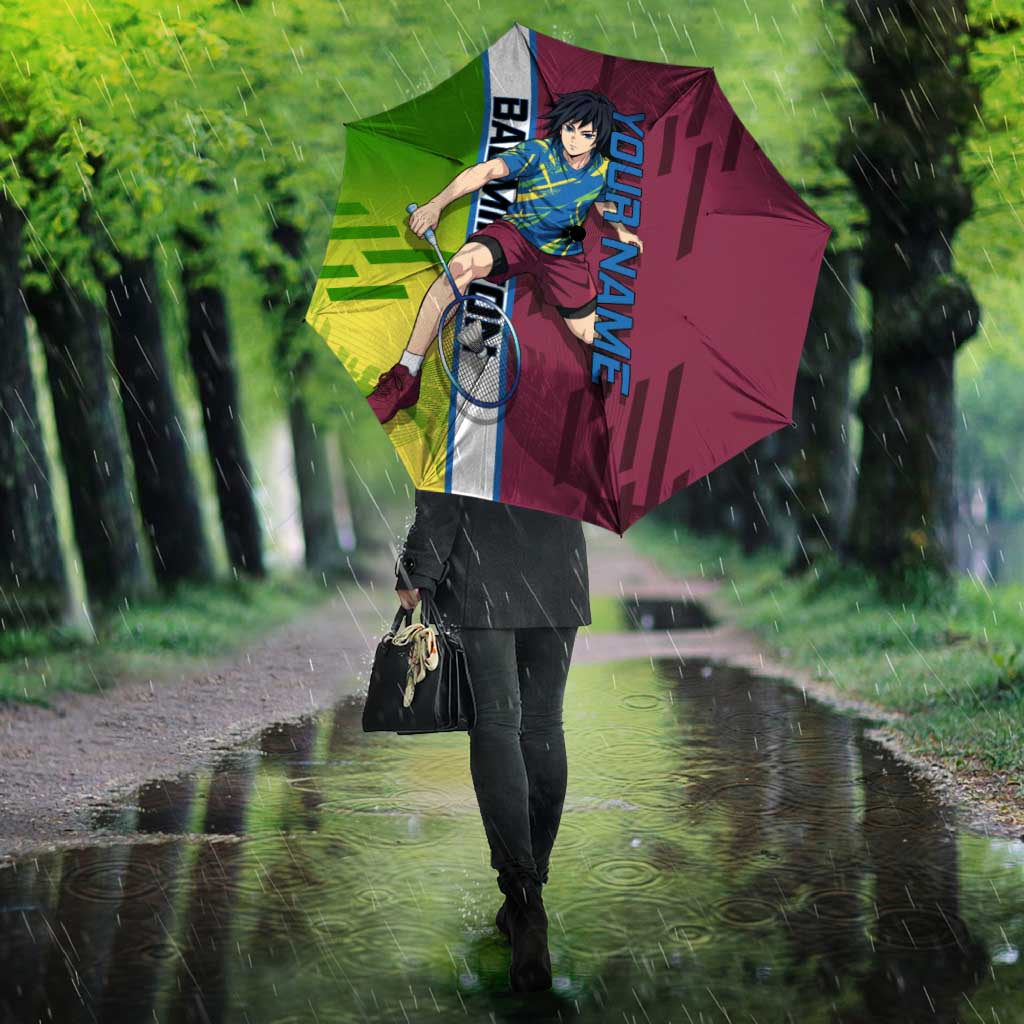 Personalized Giyuu Tomioka Demon Slayer Badminton Theme Umbrella with Racket Action Pose and Tricolor Graphic Design - The Mazicc