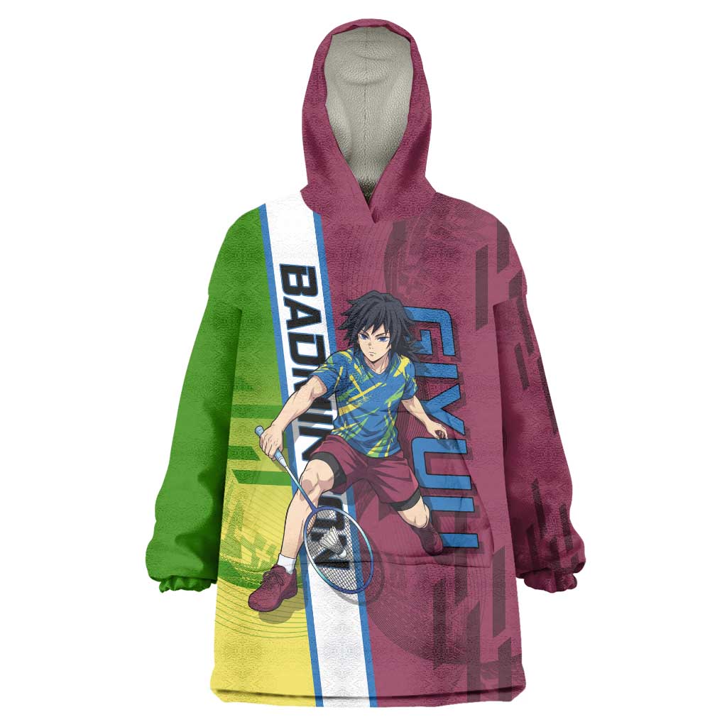 Personalized Giyuu Tomioka Demon Slayer Badminton Theme Wearable Blanket Hoodie with Racket Action Pose and Tricolor Graphic Design - The Mazicc