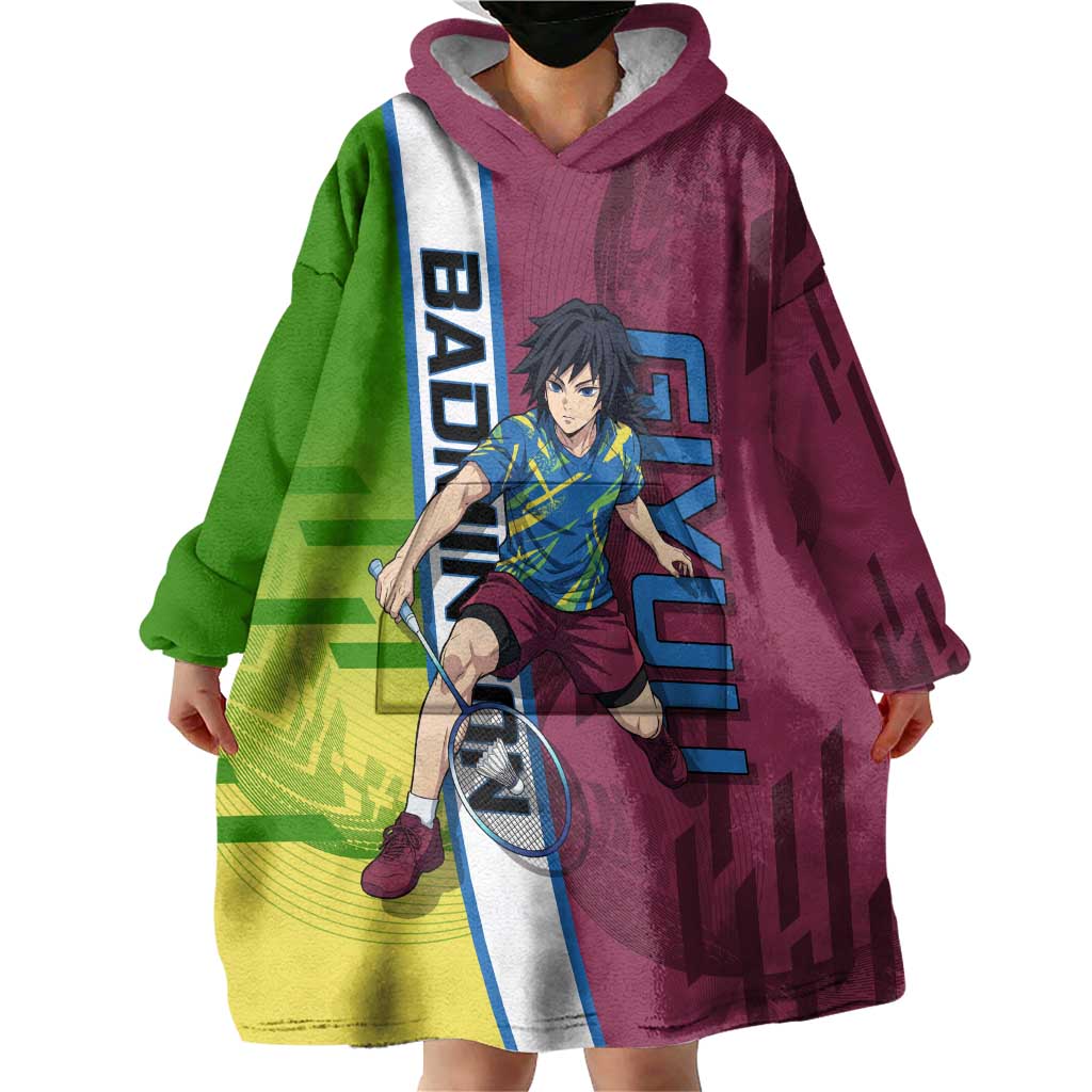 Personalized Giyuu Tomioka Demon Slayer Badminton Theme Wearable Blanket Hoodie with Racket Action Pose and Tricolor Graphic Design - The Mazicc