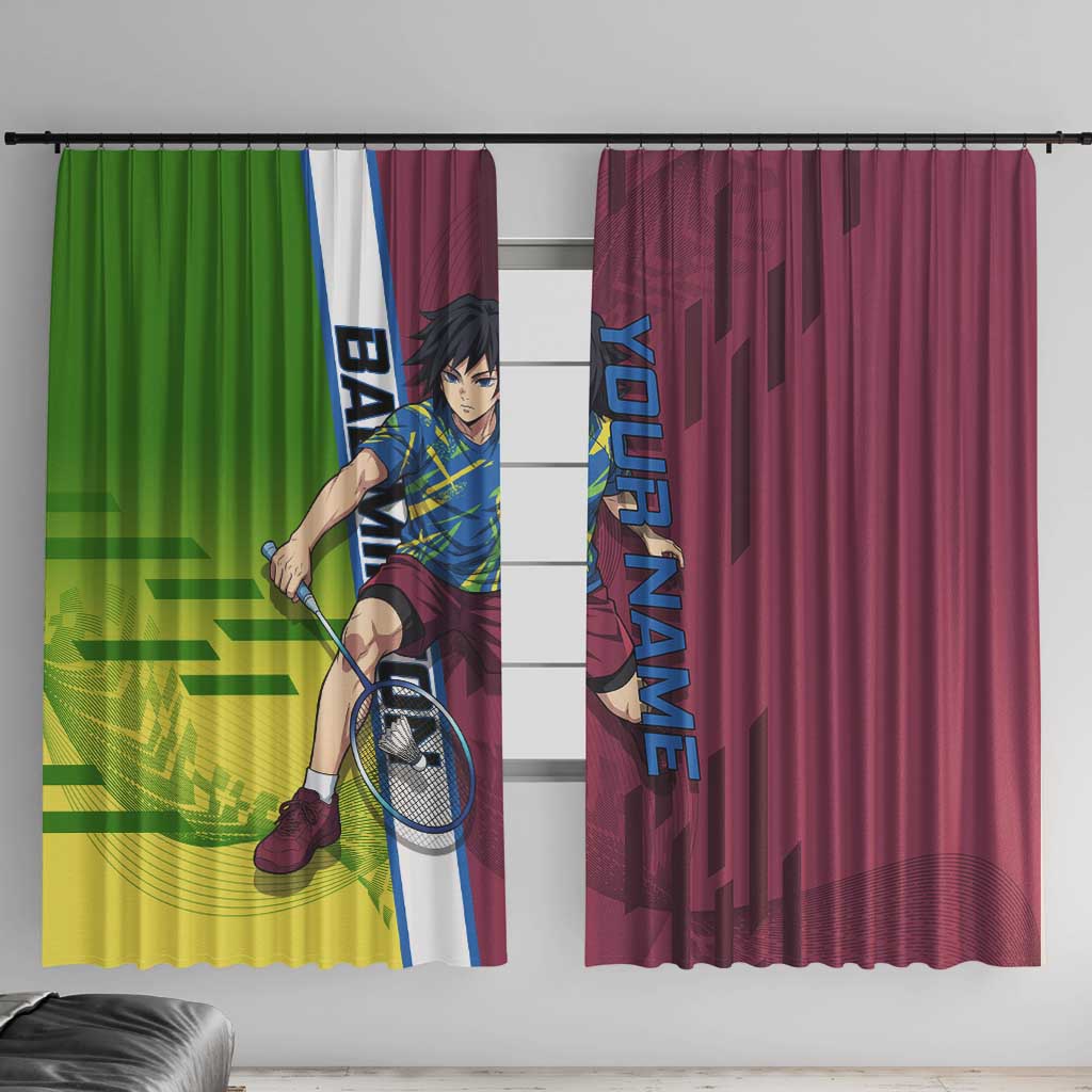 Personalized Giyuu Tomioka Demon Slayer Badminton Theme Window Curtain with Racket Action Pose and Tricolor Graphic Design - The Mazicc