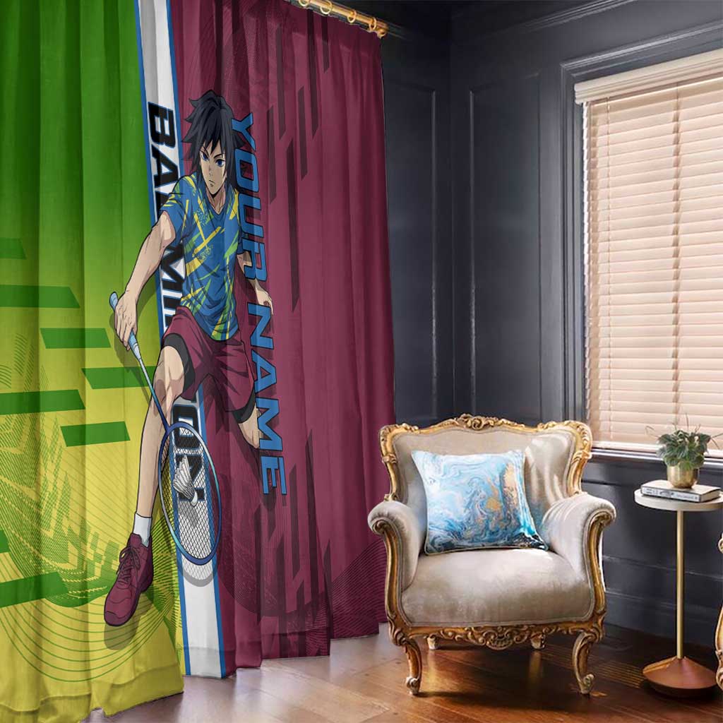 Personalized Giyuu Tomioka Demon Slayer Badminton Theme Window Curtain with Racket Action Pose and Tricolor Graphic Design - The Mazicc