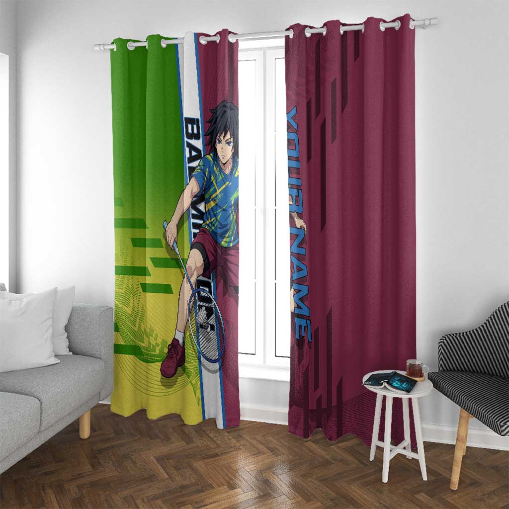 Personalized Giyuu Tomioka Demon Slayer Badminton Theme Window Curtain with Racket Action Pose and Tricolor Graphic Design - The Mazicc