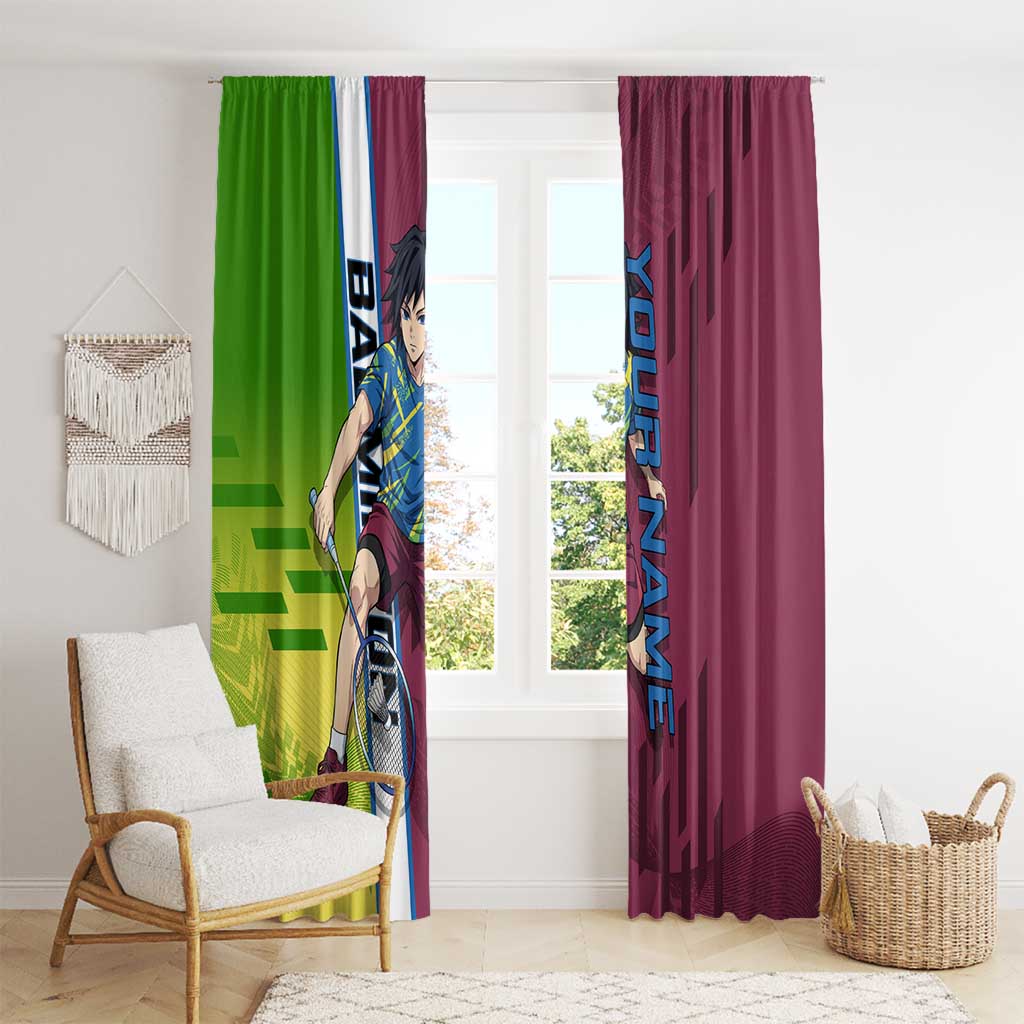 Personalized Giyuu Tomioka Demon Slayer Badminton Theme Window Curtain with Racket Action Pose and Tricolor Graphic Design - The Mazicc