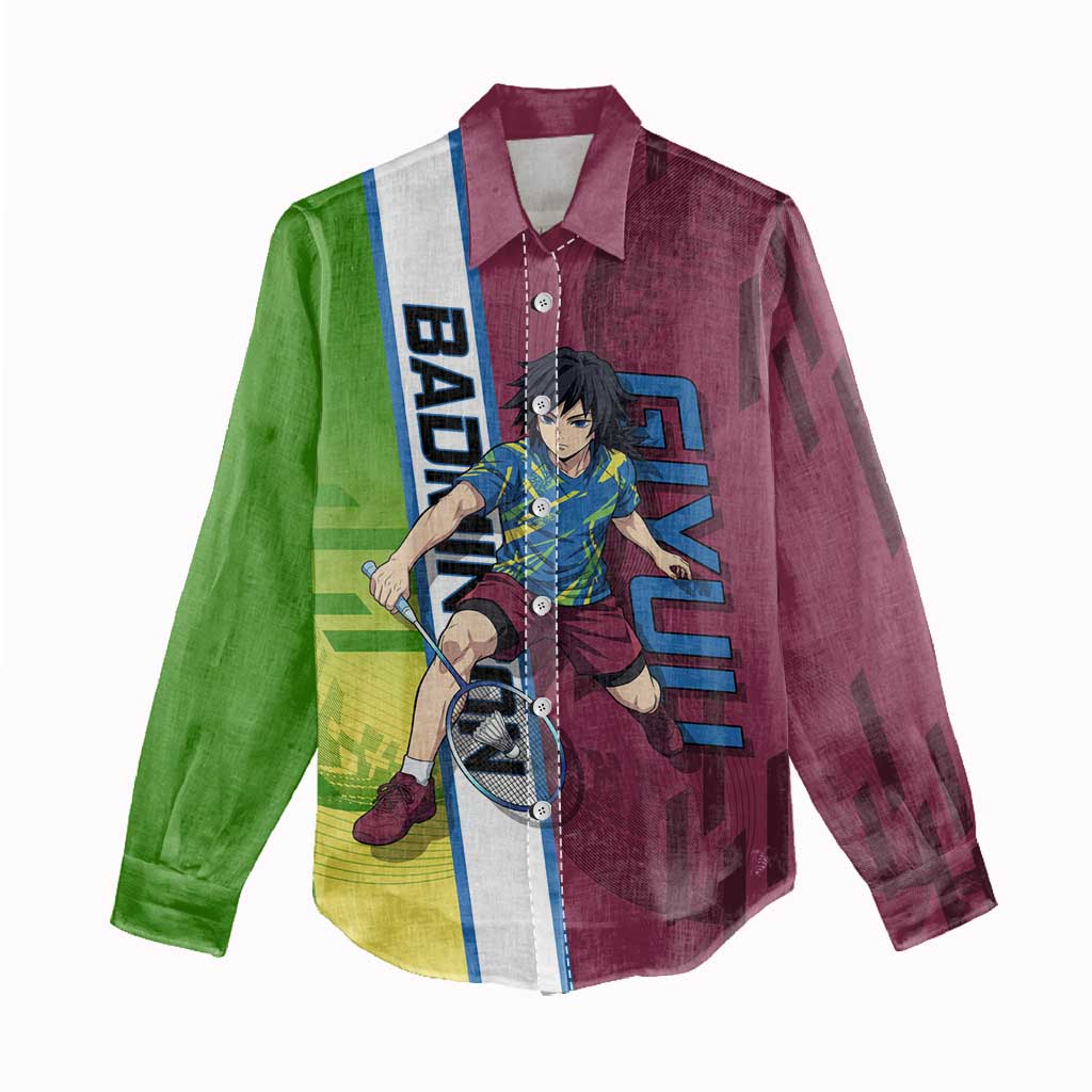 Personalized Giyuu Tomioka Demon Slayer Badminton Theme Women Casual Shirt with Racket Action Pose and Tricolor Graphic Design - The Mazicc