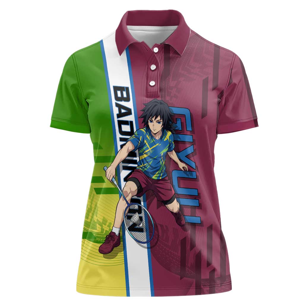 Personalized Giyuu Tomioka Demon Slayer Badminton Theme Women Polo Shirt with Racket Action Pose and Tricolor Graphic Design - The Mazicc
