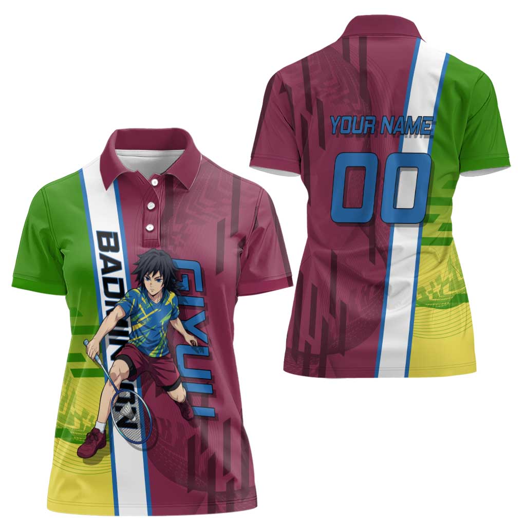 Personalized Giyuu Tomioka Demon Slayer Badminton Theme Women Polo Shirt with Racket Action Pose and Tricolor Graphic Design - The Mazicc