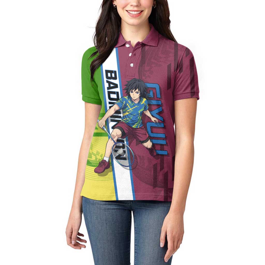 Personalized Giyuu Tomioka Demon Slayer Badminton Theme Women Polo Shirt with Racket Action Pose and Tricolor Graphic Design - The Mazicc