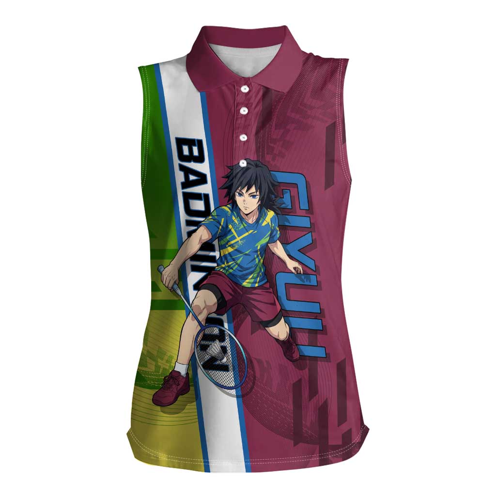Personalized Giyuu Tomioka Demon Slayer Badminton Theme Women Sleeveless Polo Shirt with Racket Action Pose and Tricolor Graphic Design - The Mazicc