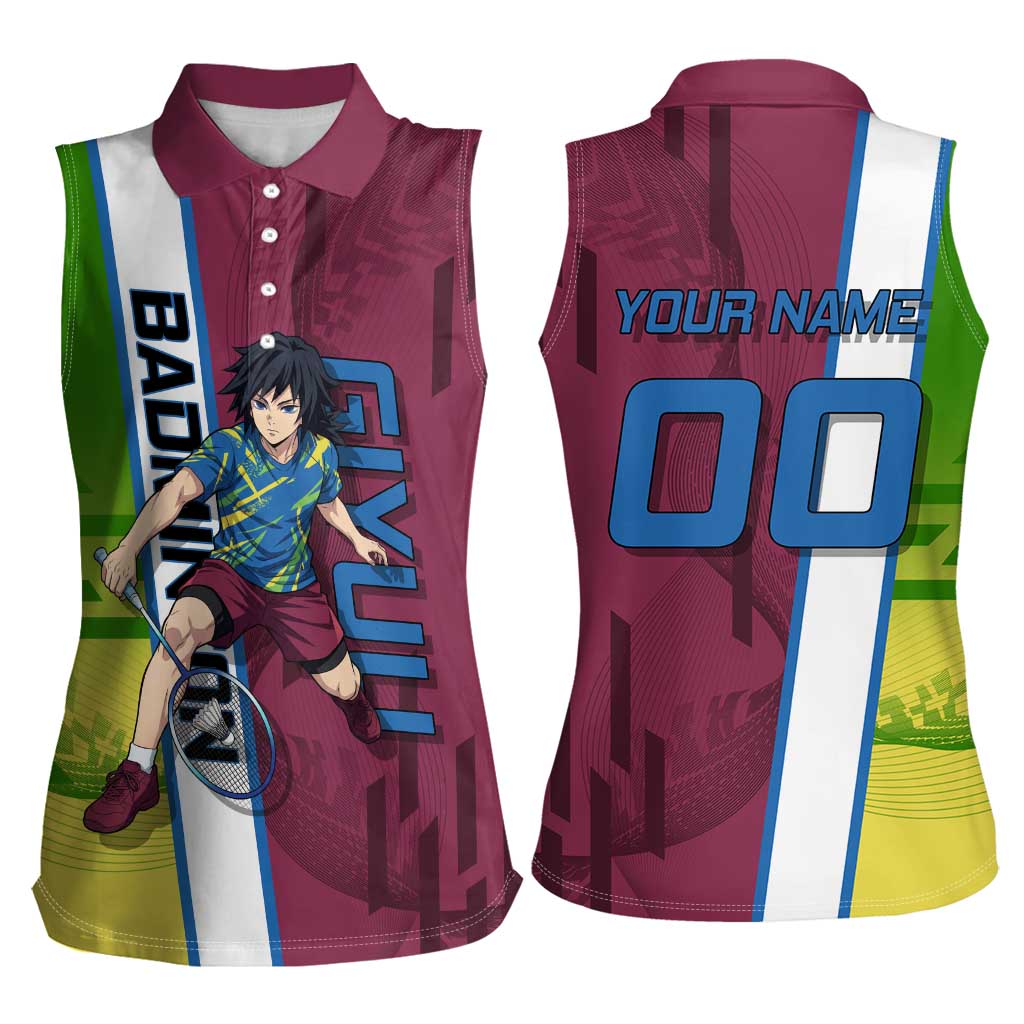 Personalized Giyuu Tomioka Demon Slayer Badminton Theme Women Sleeveless Polo Shirt with Racket Action Pose and Tricolor Graphic Design - The Mazicc