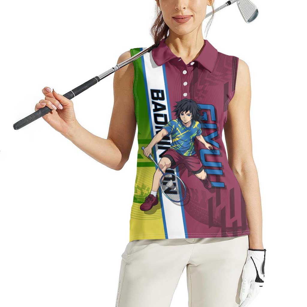 Personalized Giyuu Tomioka Demon Slayer Badminton Theme Women Sleeveless Polo Shirt with Racket Action Pose and Tricolor Graphic Design - The Mazicc