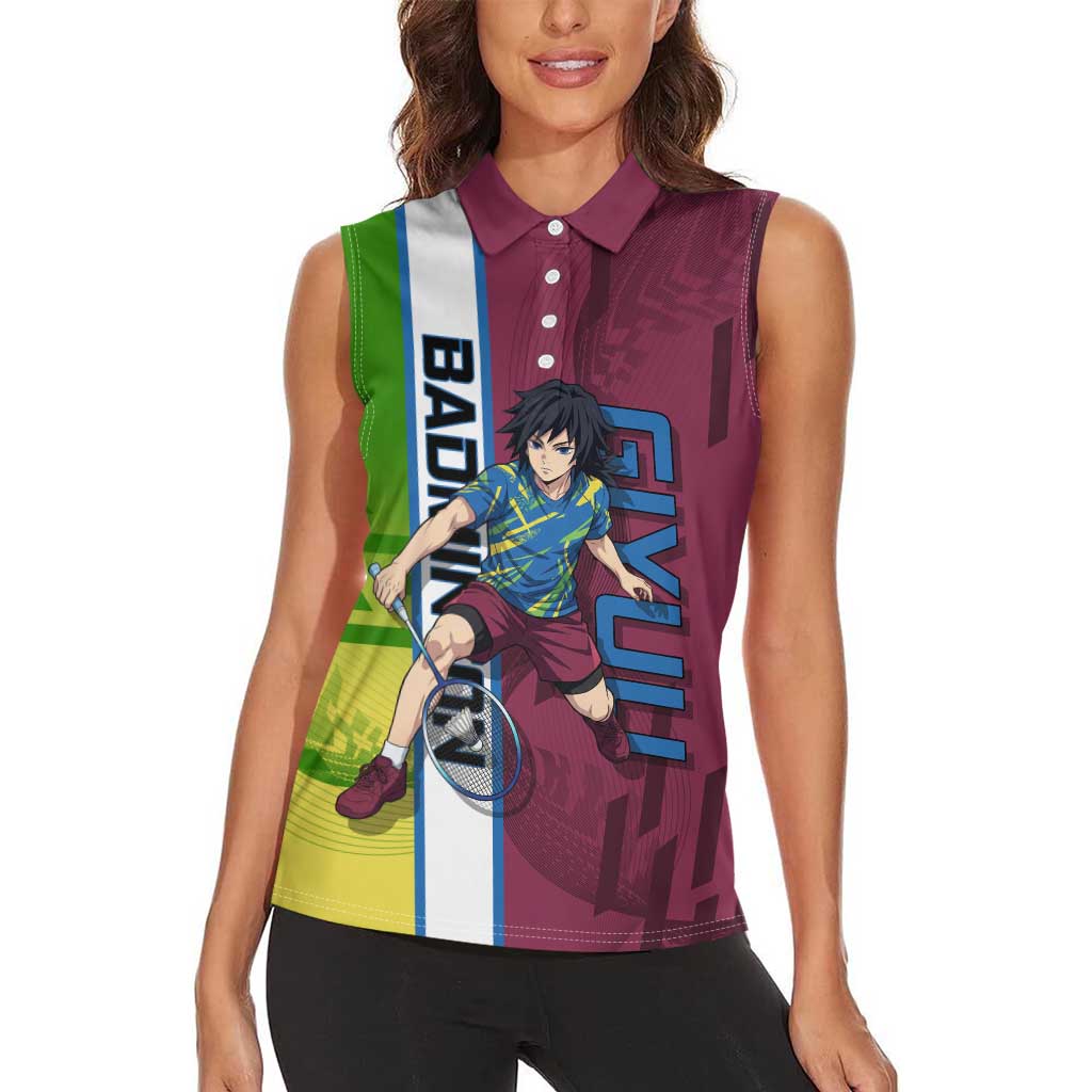 Personalized Giyuu Tomioka Demon Slayer Badminton Theme Women Sleeveless Polo Shirt with Racket Action Pose and Tricolor Graphic Design - The Mazicc