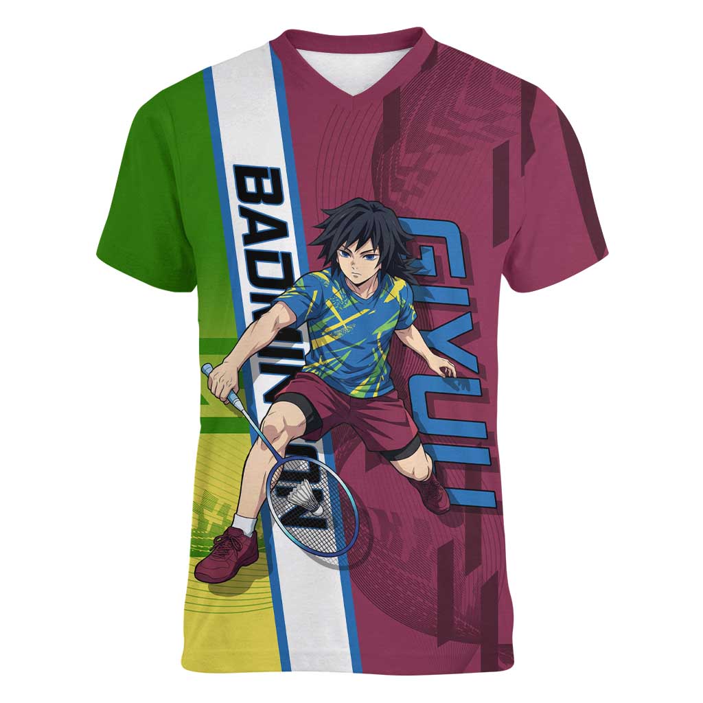 Personalized Giyuu Tomioka Demon Slayer Badminton Theme Women V-Neck T-Shirt with Racket Action Pose and Tricolor Graphic Design - The Mazicc