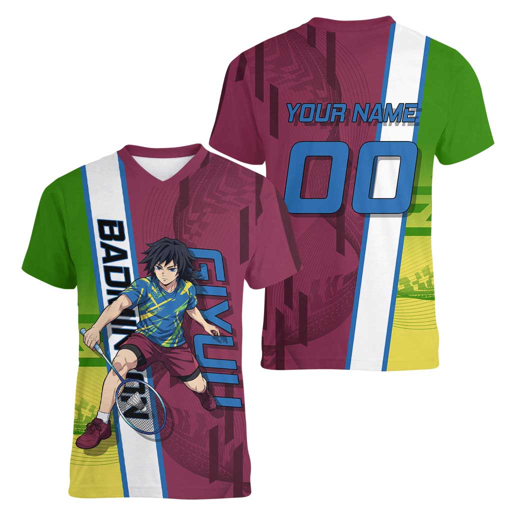 Personalized Giyuu Tomioka Demon Slayer Badminton Theme Women V-Neck T-Shirt with Racket Action Pose and Tricolor Graphic Design - The Mazicc
