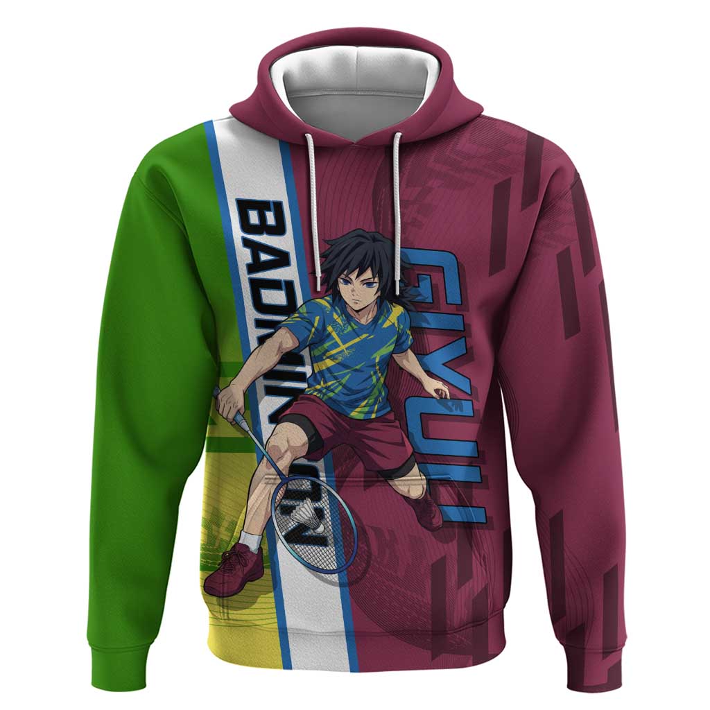 Personalized Giyuu Tomioka Demon Slayer Badminton Theme Zip Hoodie with Racket Action Pose and Tricolor Graphic Design - The Mazicc
