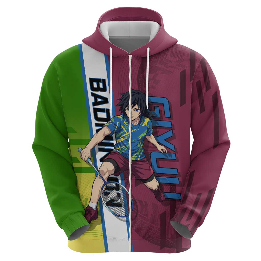 Personalized Giyuu Tomioka Demon Slayer Badminton Theme Zip Hoodie with Racket Action Pose and Tricolor Graphic Design - The Mazicc