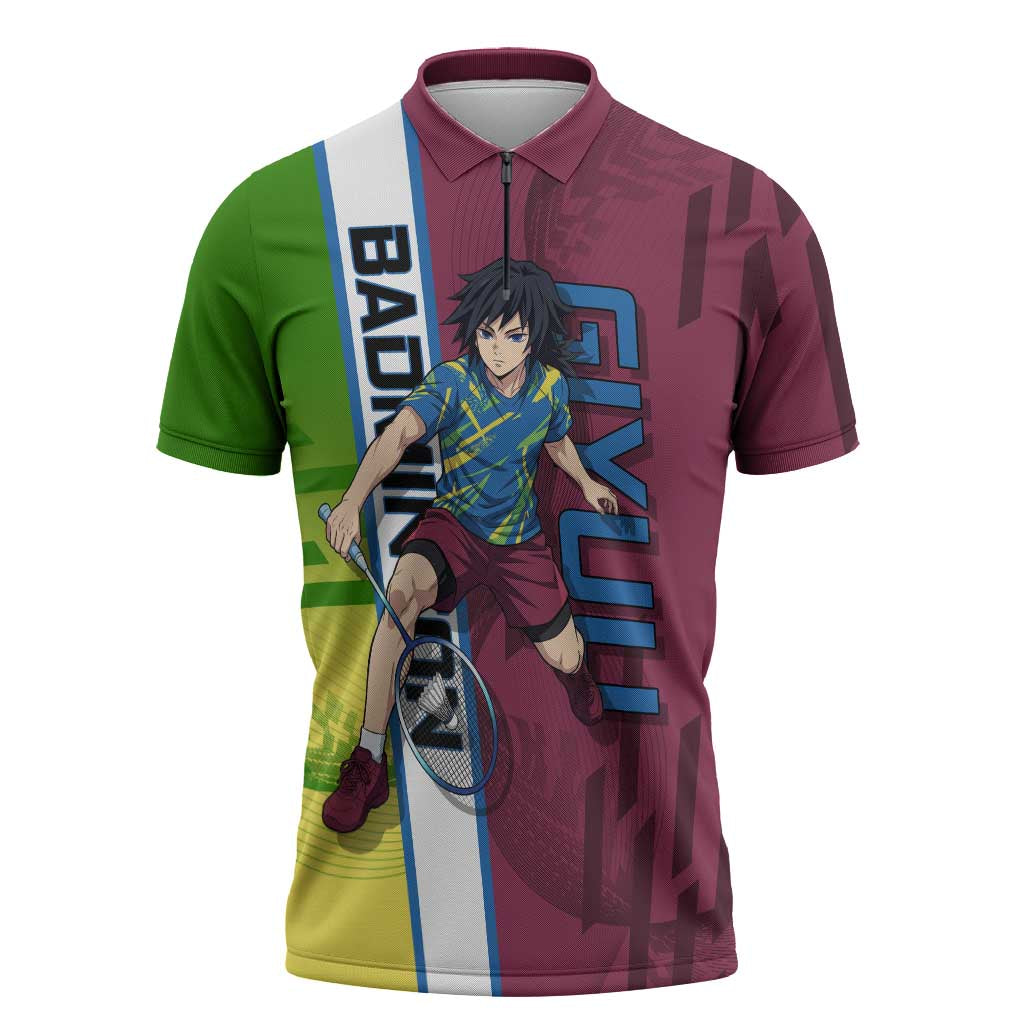 Personalized Giyuu Tomioka Demon Slayer Badminton Theme Zipper Polo Shirt with Racket Action Pose and Tricolor Graphic Design - The Mazicc