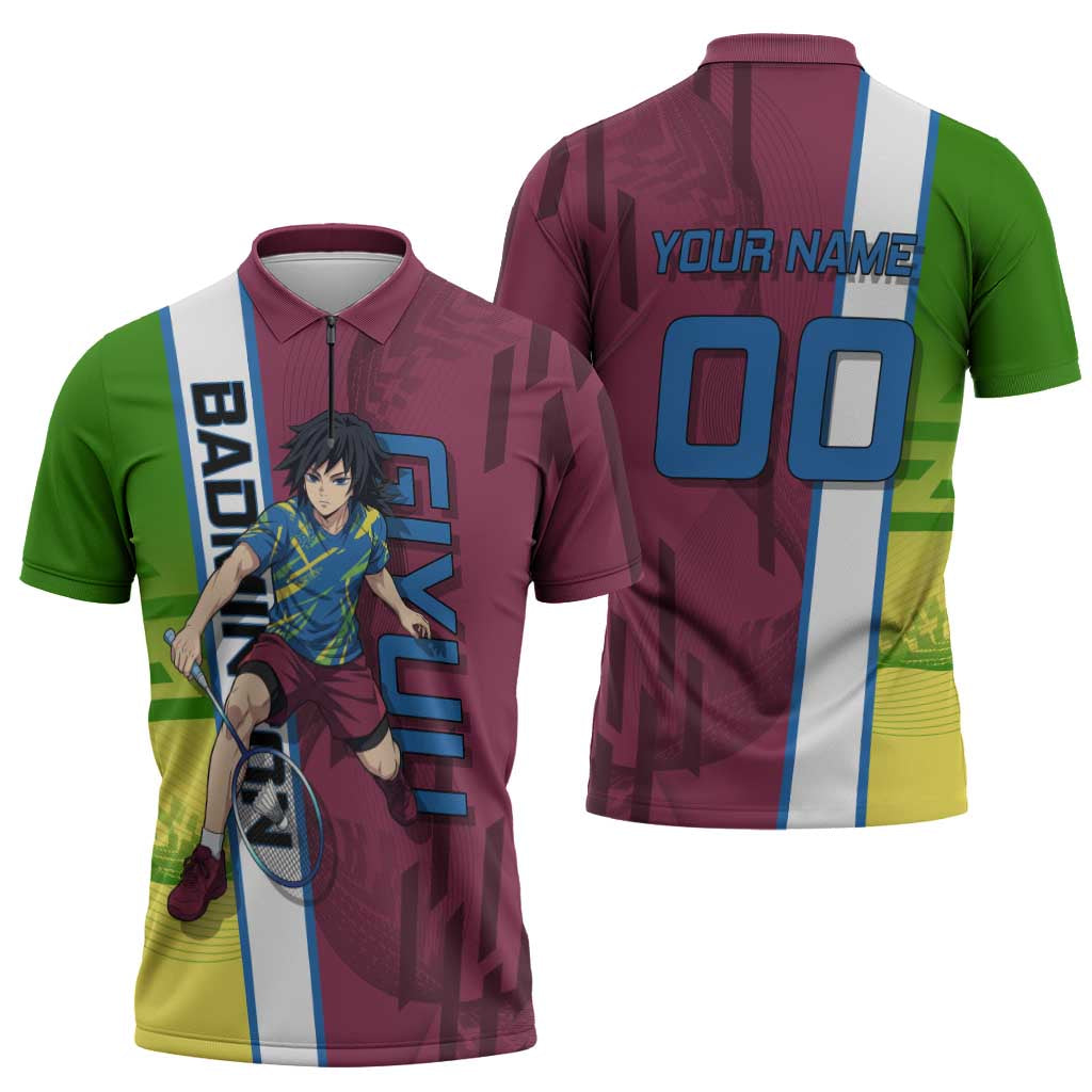 Personalized Giyuu Tomioka Demon Slayer Badminton Theme Zipper Polo Shirt with Racket Action Pose and Tricolor Graphic Design - The Mazicc