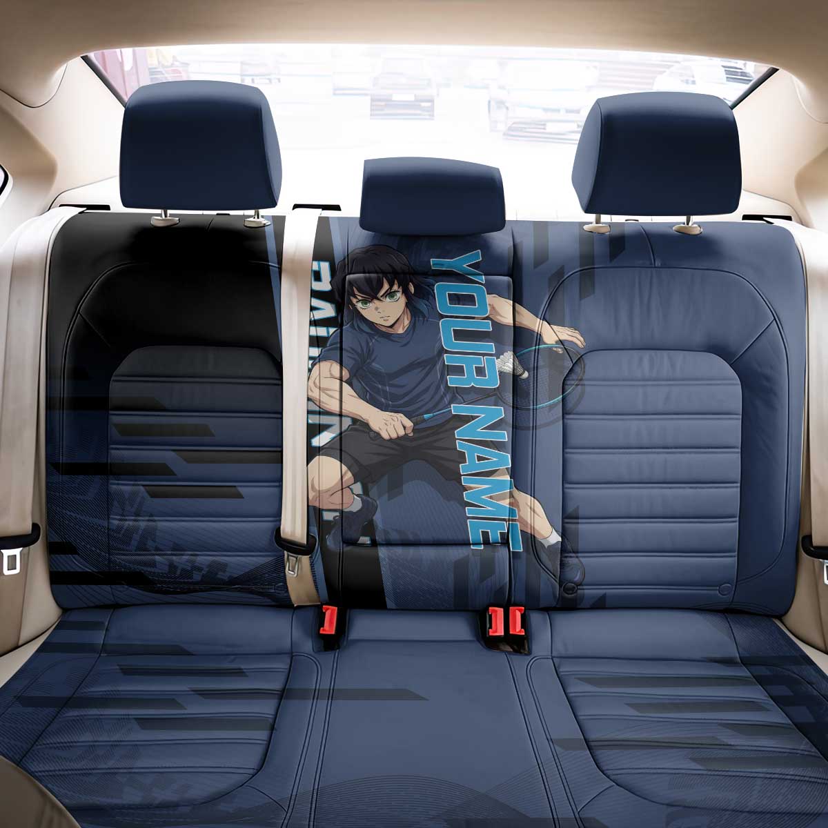 Personalized Inosuke Blue Lock Back Car Seat Cover Crossover Badminton Design with Action Pose - The Mazicc