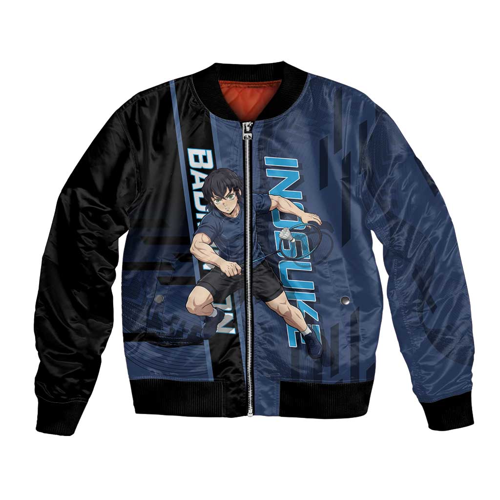 Personalized Inosuke Blue Lock Bomber Jacket Crossover Badminton Design with Action Pose - The Mazicc