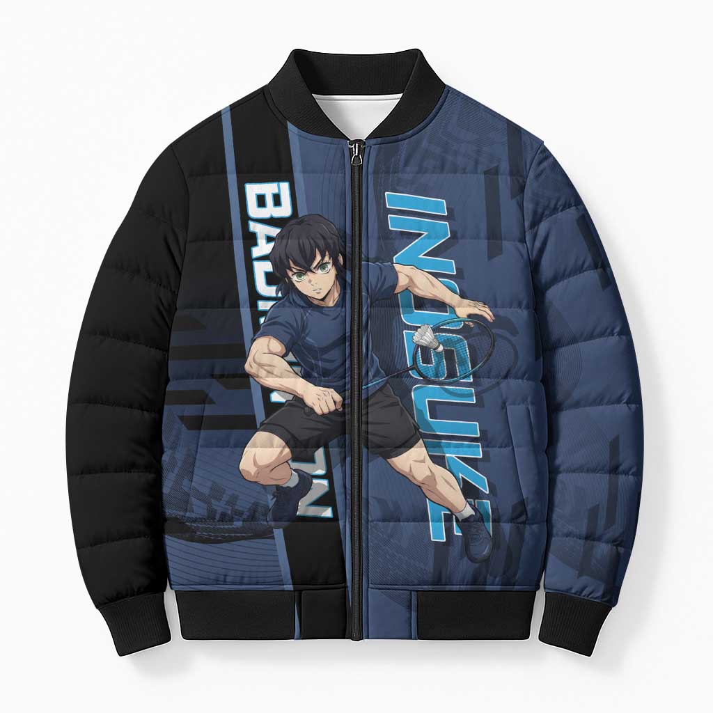 Personalized Inosuke Blue Lock Bomber Puffer Jacket Crossover Badminton Design with Action Pose - The Mazicc